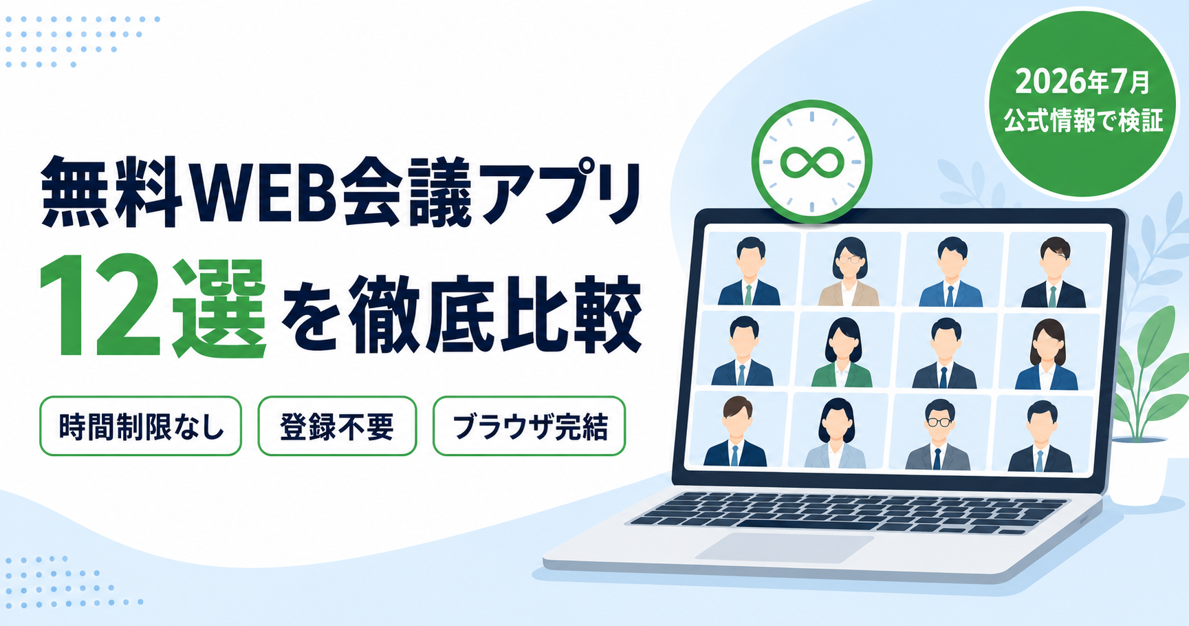 【2026年7月・公式情報で検証】無料WEB会議アプリ12選を徹底比較 | 時間制限なし・登録不要・ブラウザ完結