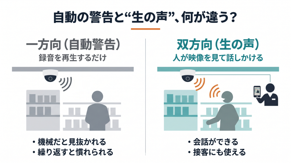 防犯カメラの一方向音声と双方向音声
